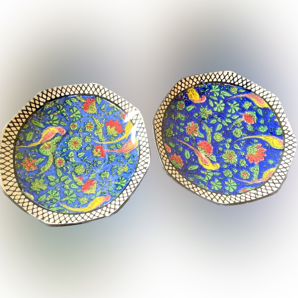 Antique Royal Doulton saucers Persian Parrot Blue Chintz Pattern D4031 1910s